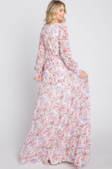 White Floral Chiffon Long Sleeve Pleated Maxi Dress