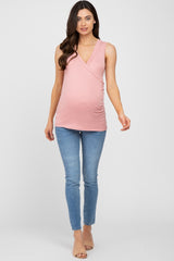 Pink Crossover Ruched Maternity Nursing Tank