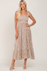 Beige Floral Sleeveless Tiered Maternity Maxi Dress