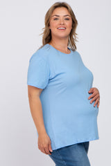 Light Blue Solid Short Sleeve Plus Maternity Top