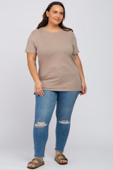 Mocha Solid Short Sleeve Plus Maternity Top