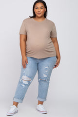 Mocha Solid Short Sleeve Plus Maternity Top