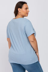 Blue Solid Short Sleeve Plus Top