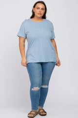 Blue Solid Short Sleeve Plus Top