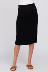 Black Ruched Slit Maternity Skirt