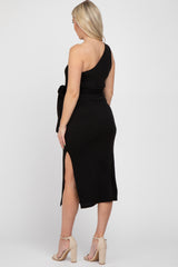 Black Ribbed One Shoulder Side Slit Maternity Midi Dress