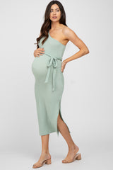 Mint Green Ribbed One Shoulder Side Slit Maternity Midi Dress