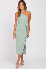 Mint Green Ribbed One Shoulder Side Slit Maternity Midi Dress