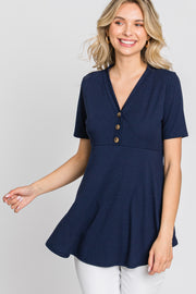 PinkBlush Navy Ribbed Button Accent Blouse