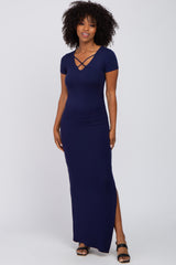 Navy Cross Front Ruched Maternity Maxi Dress