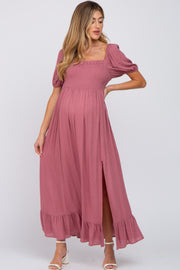 Mauve Swiss Dot Square Neck Smocked Maternity Maxi Dress