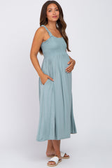 Light Blue Smocked Ruffle Strap Maternity Midi Dress