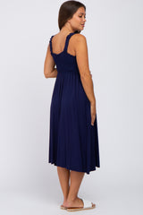 Navy Smocked Ruffle Strap Maternity Midi Dress