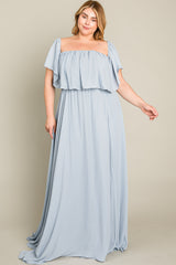 Light Blue Chiffon Off Shoulder Plus Gown