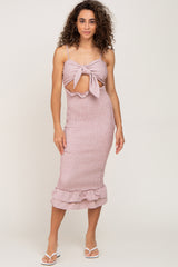 Mauve Gingham Print Smocked Fitted Self-Tie Midi Dress