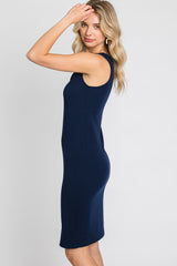 Navy Blue Ribbed V-Neck Dress