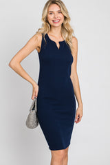 Navy Blue Ribbed V-Neck Dress