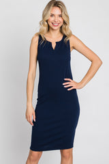 Navy Blue Ribbed V-Neck Dress