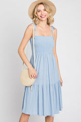 Light Blue Smocked Shoulder Tie Maternity Dress