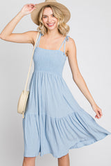 Light Blue Smocked Shoulder Tie Dress