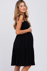 Black Smocked Shoulder Tie Maternity Dress