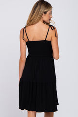 Black Smocked Shoulder Tie Maternity Dress