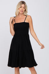 Black Smocked Shoulder Tie Maternity Dress