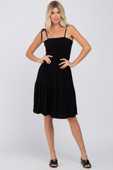 Black Smocked Shoulder Tie Dress