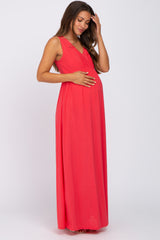 Coral V-Neck Sleeveless Maternity Maxi Dress