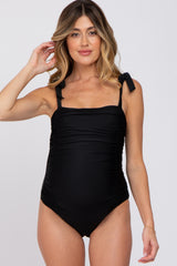 Black Shoulder Tie Maternity One-Piece Swimsuit