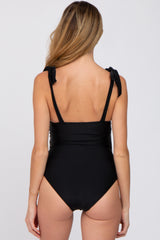 Black Shoulder Tie Maternity One-Piece Swimsuit