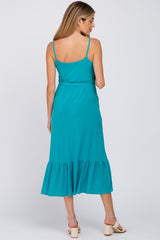 Turquoise Waist Tie Ruffle Hem Maternity Midi Dress