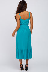 Turquoise Waist Tie Ruffle Hem Midi Dress