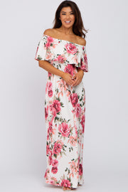 Ivory Floral Off Shoulder Flounce Maxi Dress