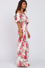 Ivory Floral Off Shoulder Flounce Maxi Dress