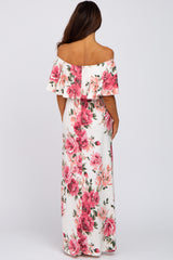 Ivory Floral Off Shoulder Flounce Maxi Dress