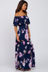 Navy Blue Floral Off Shoulder Maxi Dress