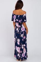 Navy Blue Floral Off Shoulder Maxi Dress