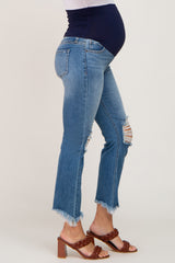 Blue Open Knee Fringe Hem Maternity Straight Leg Jeans