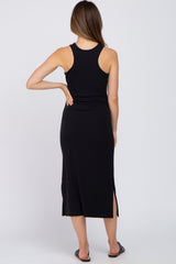 Black Ribbed Side Slit Maternity Midi Dress