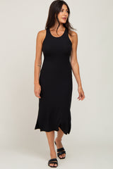 Black Ribbed Side Slit Maternity Midi Dress