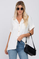 Ivory Collared Button-Down Short Sleeve Maternity Blouse