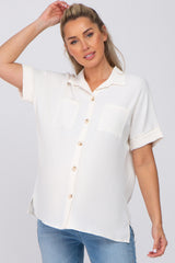 Ivory Collared Button-Down Short Sleeve Maternity Blouse