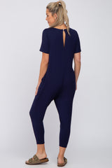 Navy Blue Basic Short Sleeve Maternity Jumpsuit