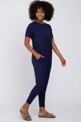 Navy Blue Basic Short Sleeve Jumpsuit