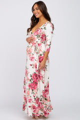 Cream Floral Maternity Wrap Maxi Dress