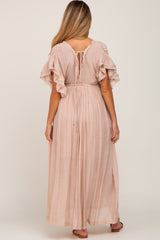 Light Pink Deep V-Neck Button Down Maternity Maxi Dress