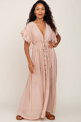 Light Pink Deep V-Neck Button Down Maternity Maxi Dress