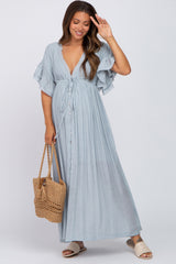 Light Blue Deep V-Neck Button Down Maternity Maxi Dress