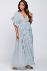 Light Blue Deep V-Neck Button Down Maternity Maxi Dress